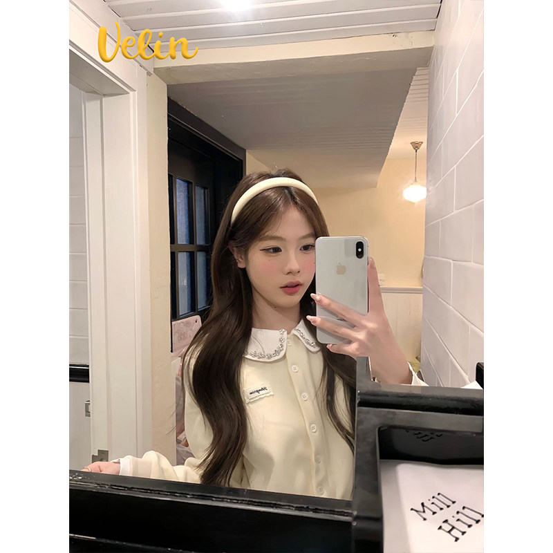 Velin 韩系甜美少女感奶白色开衫娃娃领钉钻设计减龄元气简约俏皮,淘宝优惠券,粉丝福利购,淘宝优惠卷