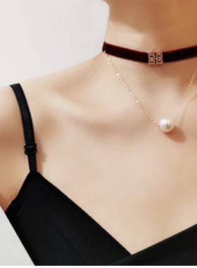 MISS小众双喜字珍珠女丝绒双层