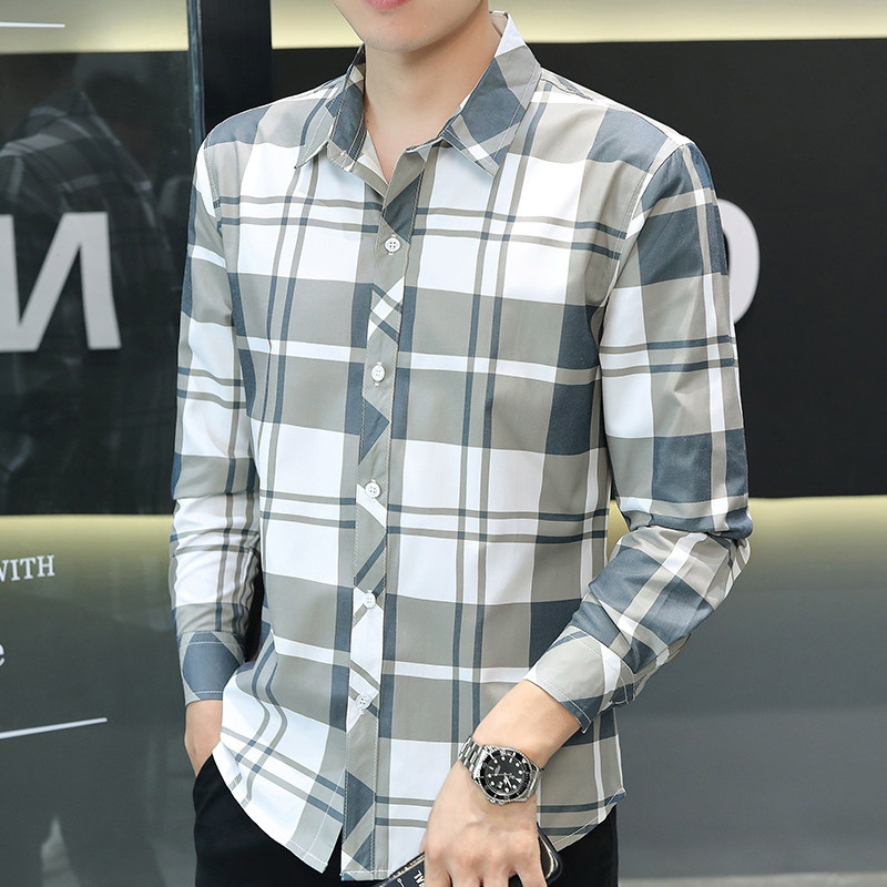 格子衬衫男士款春秋季潮流韩版修身百搭长袖衬衣休闲上装衣服外套,淘宝优惠券,粉丝福利购,淘宝优惠卷