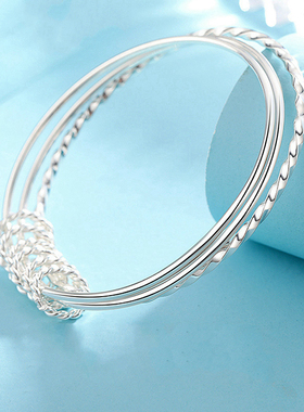 三生三世银手镯女细古法三环银饰镯子七夕礼物送女友