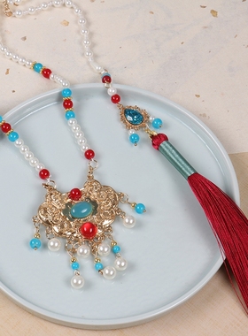 明制璎珞红色流苏背云长项链古风软璎珞中国风如意锁古装汉服配饰