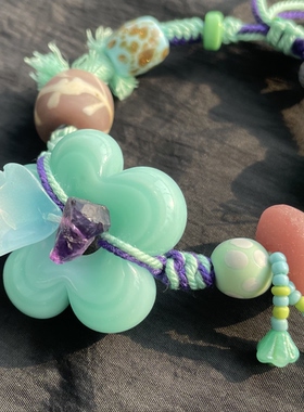 洛可可花瓣·原创薄荷绿尼泊尔琉璃花朵手工编绳可调节手串
