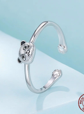 原创可爱熊猫开口戒指俏皮灵动s925纯银动物戒指手饰小众设计感