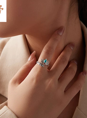 时予原创复古绿松石莲花开口戒指中国风通体s925纯银古典莲花戒指