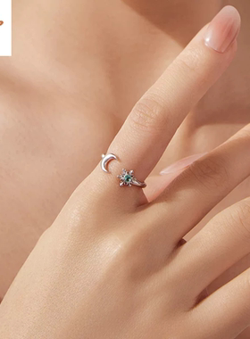 时予原创蓝色雪花月亮开口戒指浪漫冬季氛围感s925纯银戒指手饰