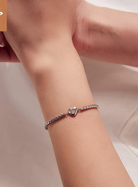 时予原创通体s925纯银爱心莫桑石手链简约经典设计心形蛇骨链手链