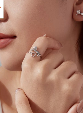 时予原创通体s925纯银爱马开口戒指中性风骏马爱心戒指手饰个性