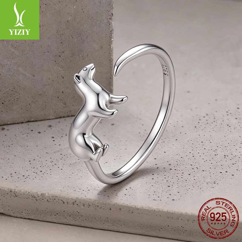 Original s925 sterling silver snow leopard open ring cute soft cute animal silver ring ring simple and trendy