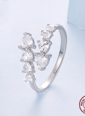 原创璀璨爱心锆石开口戒指s925纯银轻奢小众风爱心拼接指环气质女