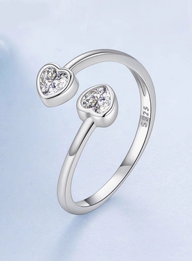 时予新款通体s925纯银双爱心开口戒指情人节礼物心形戒指手饰个性