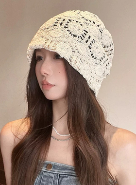 日系手工编织包头帽子女春秋薄款镂空毛线帽复古文艺针织帽堆堆帽