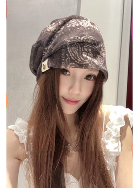 复古格纹冰丝堆堆包头冷帽显脸小