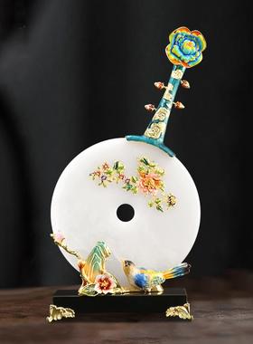 新中式轻奢香山凤鸣琵琶平安扣玉石扣摆件客厅酒柜玄关装饰品礼品