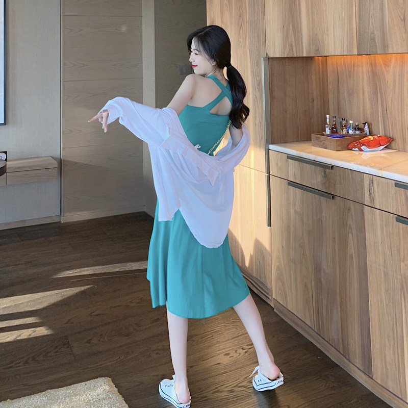 气质修身显瘦吊带开叉防晒衣连衣裙 雯香婷时尚套装