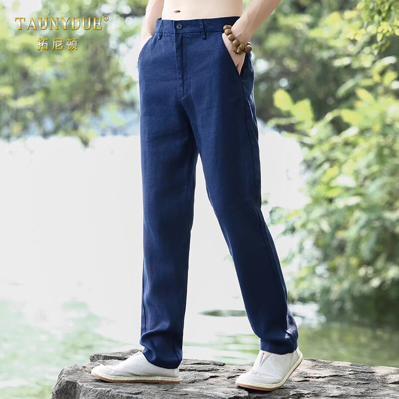 TAUNYDUE高端亚麻裤男宽松直筒休闲西裤夏季大码薄款麻布料长裤子