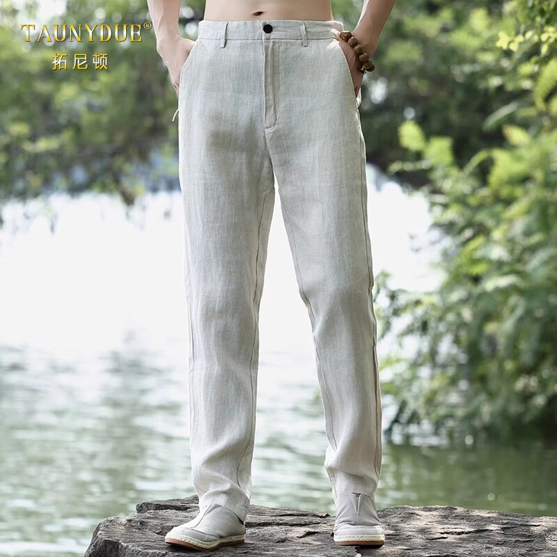 TAUNYDUE高端亚麻裤男宽松直筒休闲西裤夏季大码薄款麻布料长裤子