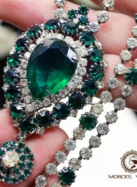 Vintage绿色水滴水晶项链耳夹