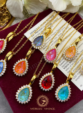 现代全新百搭防过敏镀金复古施华水晶方绿蓝红钻项链