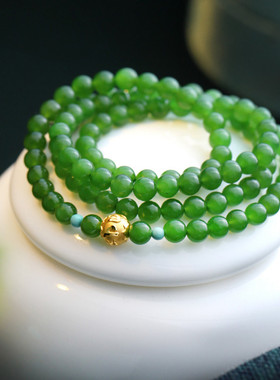 天然和田玉碧玉搭配足金六字真言手串老坑冰底碧玉手链（无黑点）