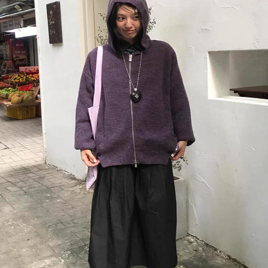 加厚版！紫色连帽拉链毛衣开衫女秋季新款韩版宽松长袖针织衫上衣 - 图0
