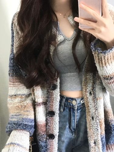 超软糯！复古渐变单排扣毛衣开衫女外套2025秋装新款韩版针织衫潮 - 图1