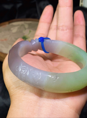 天然青海料和田玉翠青紫罗兰雕刻手镯玉镯烟紫镯子圈口56圈口女款