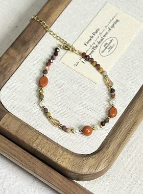 新中式民族风青金石淡水珍珠手链敦煌蛋黄石红石玛瑙串珠手链钛钢