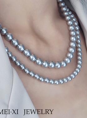 真多麻色正圆强光无暇珍珠项链高级银灰色毛衣链施华洛水晶珍珠