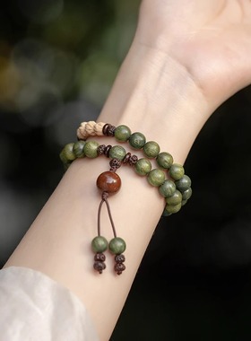 普陀山老料绿檀木佛珠手串女森系学生檀香百香籽手链情侣民族风男