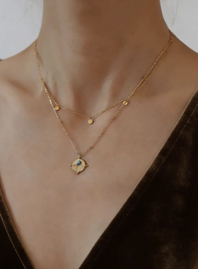 MOOS不褪色波西米亚复古风双层叠戴钛钢项链松石吊坠高级感饰品女