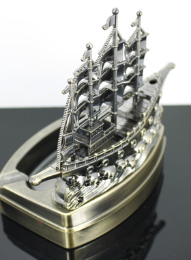 创意金属烟灰缸带打火机一帆风顺船带盖工艺礼品家居办公摆件