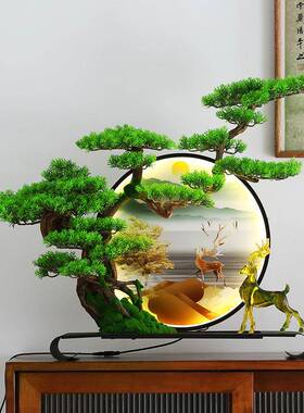 新中式彷真盆景迎客松轻奢高档摆件玄关办公室酒店客厅微景观软装