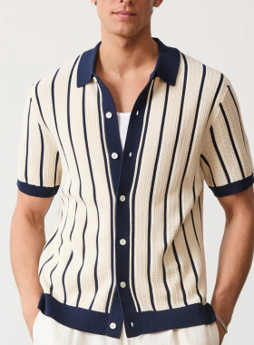 New Summer Men's Striped Knit Polo Shirts Fashion Polos Tops