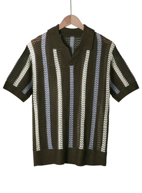 men's t-shirt欧美男士短袖t恤简约设计师款几何拼色条纹翻领