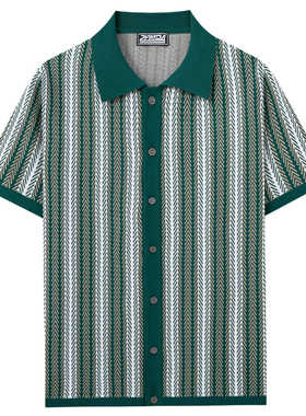 men's t-shirts男装 欧美高端条纹提花针织衫 休闲短袖开衫polo衫