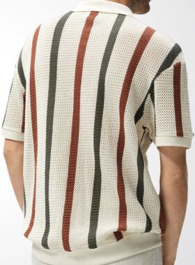 men's t-shirt男装 欧美风粗针镂空针织衫 条纹撞色毛织休闲polo