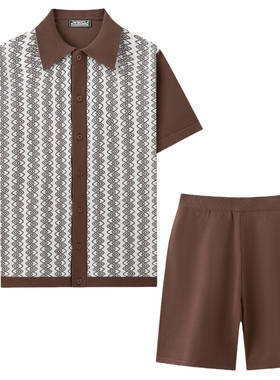 men's t-shirts男装 欧美男士提花针织衫套装 新款休闲短袖两件套