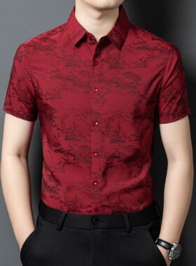 men's short sleeve shirts新款印花短袖衬衫男冰丝透气中年翻领