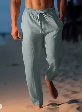 men's pants男式亚长裤裤沙滩裤抽绳弹力腰部直筒平实舒适透气