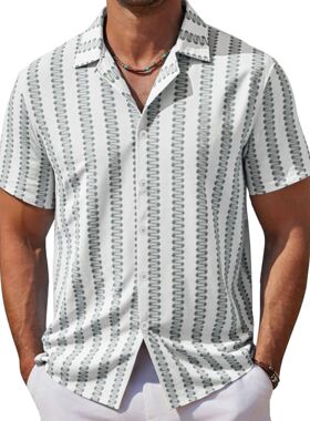 men's shirts男装 欧美男士蕾丝条纹衬衫 休闲古巴领沙滩风短袖