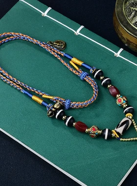 藏式民族风手工编织虎牙天珠唐卡藏风男女款吊坠绳挂绳项链