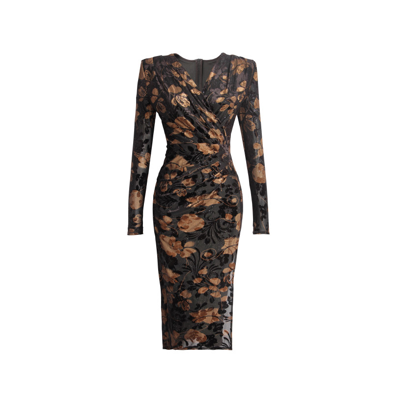 XULU原创轻奢精致亮片烧花印花裙时尚气质修身性感V领丝绒连衣裙,淘宝优惠券,粉丝福利购,淘宝优惠卷