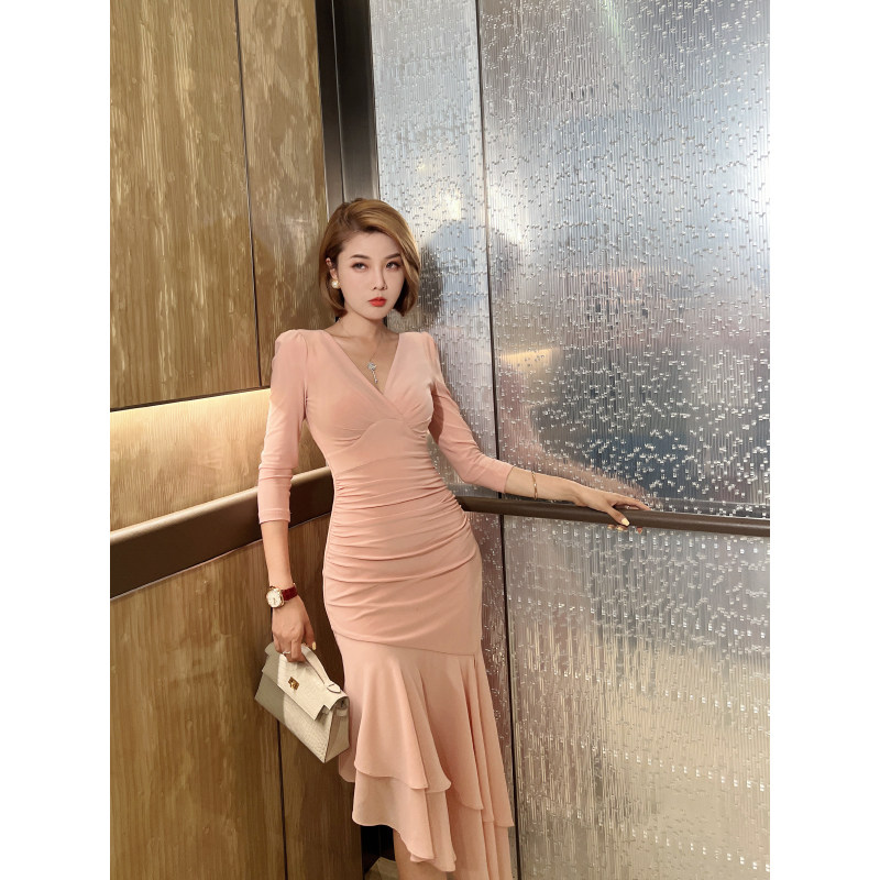 XULU原创初秋轻奢水晶麻纱纯色裙通勤气质荷叶边修身长袖连衣裙,淘宝优惠券,粉丝福利购,淘宝优惠卷