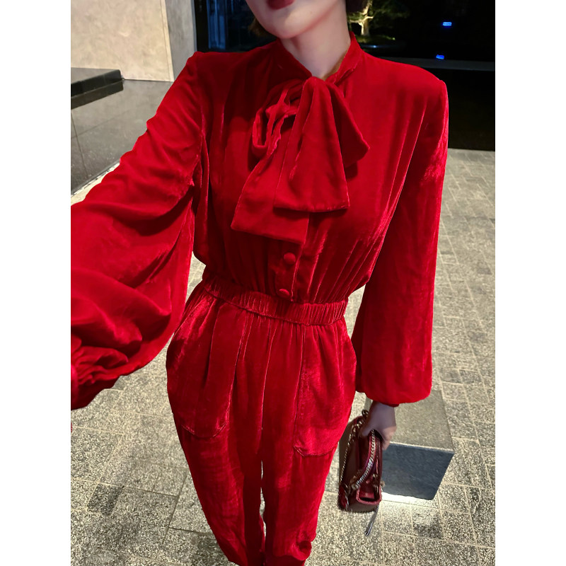 XULU原创新款真丝红色丝绒法式轻奢系带高腰修身泡泡袖松紧连体裤,淘宝优惠券,粉丝福利购,淘宝优惠卷