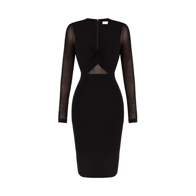 XULU original spring and summer black crystal linen splicing spandex mesh hip skirt temperament sexy high waist V-neck dress