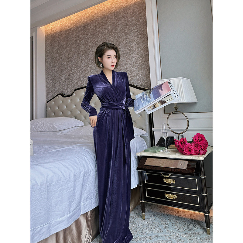 XULU原创进口蓝紫色系带丝绒气质显身材长袖直角肩交叠V领连衣裙 - 图2
