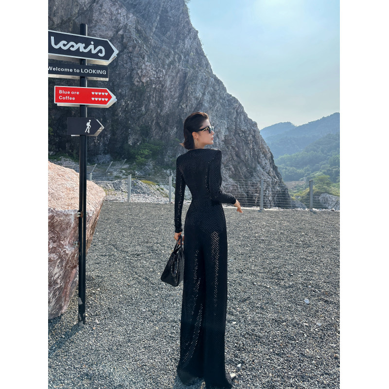 XULU原创欧洲进口亮片缀饰网纱透视拼接性感轻奢收腰阔腿连体裤,淘宝优惠券,粉丝福利购,淘宝优惠卷