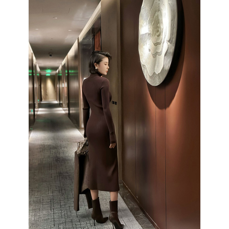 XULU原创纯色针织半高领长袖性感包臀裙气质修身显瘦开叉连衣裙,淘宝优惠券,粉丝福利购,淘宝优惠卷