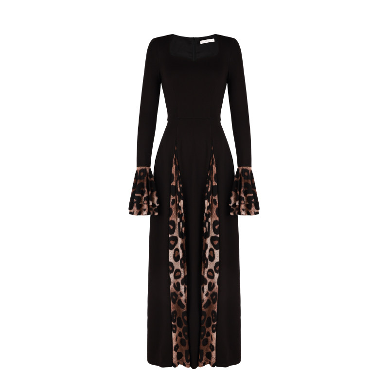 XULU原创春季气质黑色罗马布拼豹纹性感女人味桃心领喇叭袖连衣裙,淘宝优惠券,粉丝福利购,淘宝优惠卷