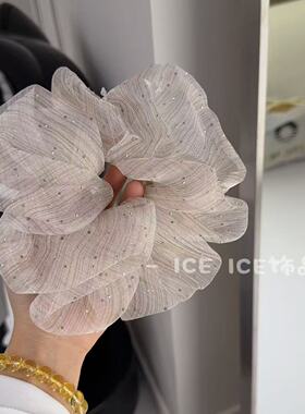 韩系新款云朵泡泡纱满天星烫钻大肠发圈女高级感条纹头绳气质发绳